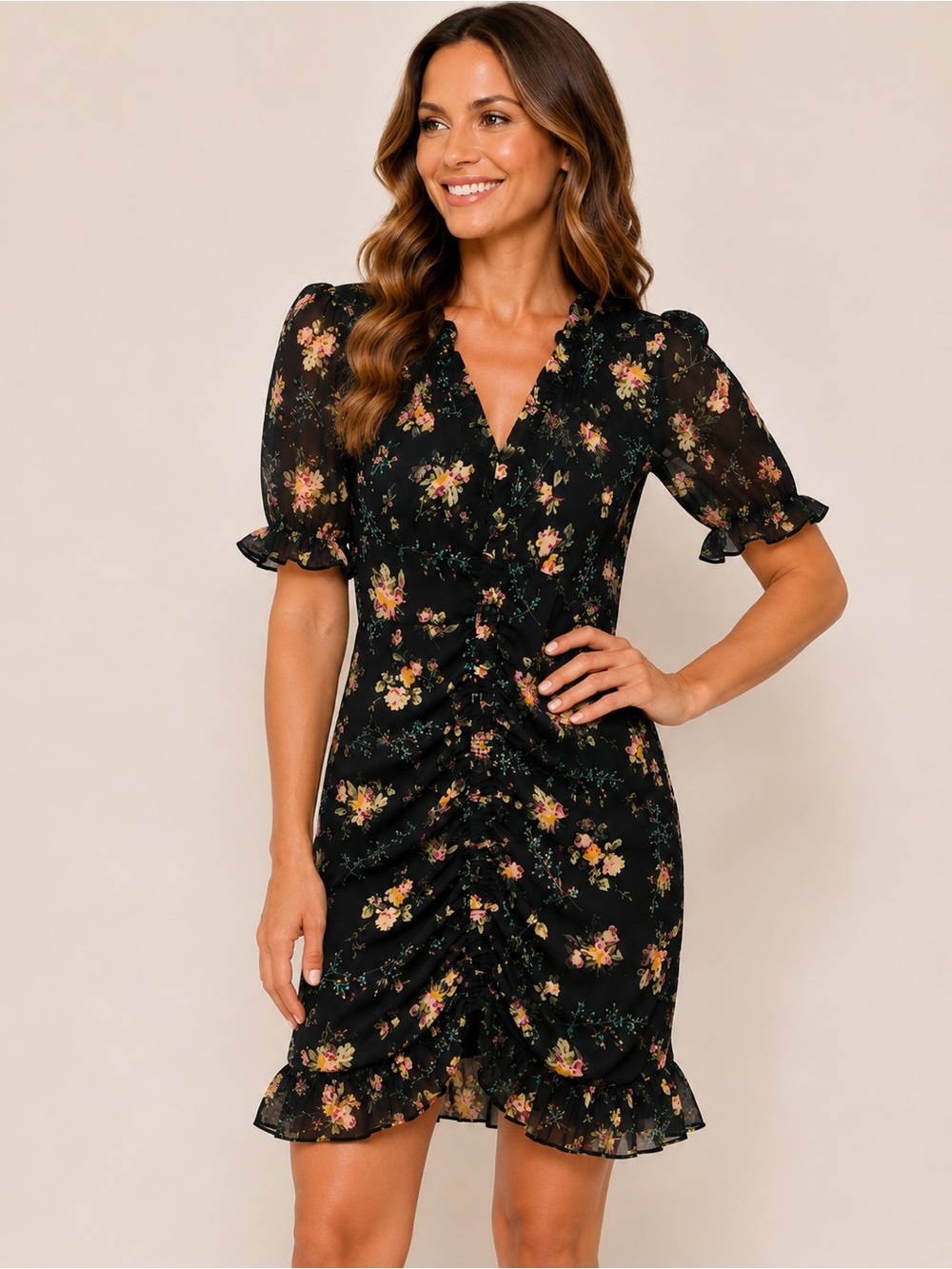 Lea & Viola Black Floral Ruched Mini Dress Puff Sleeve Size M